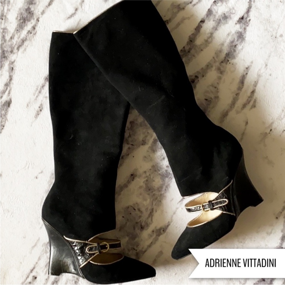 Mid calf wedge faux suede snakeskin pattern boots